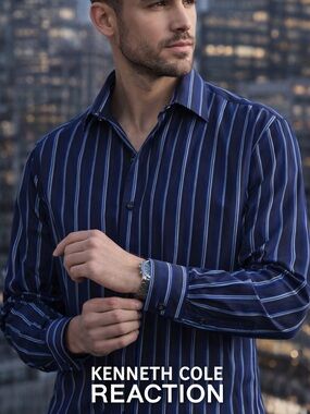 Kenneth Cole Reaction Men’s Navy Shirt with Light Blue & White Stripes